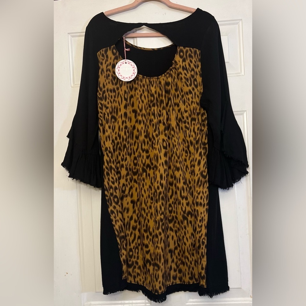 🔥 NWT Umgee Leopard & Black Boho Dress - Bell Sleeves - Large - Picture 3 of 8